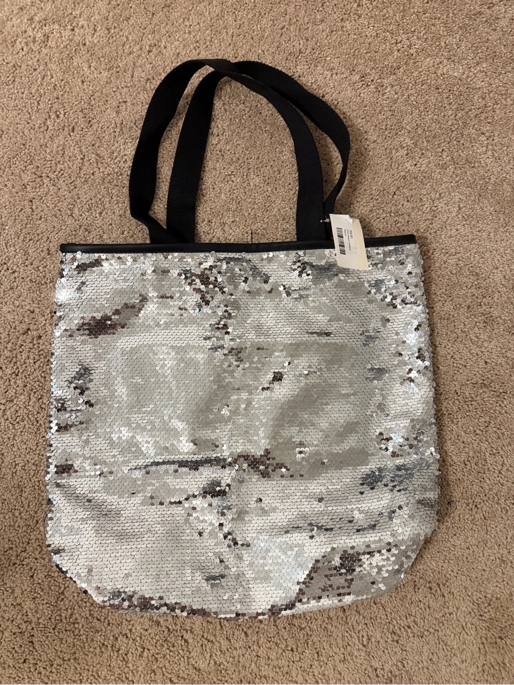 Sequin Tote Bag with Black Handles - Silver NWT